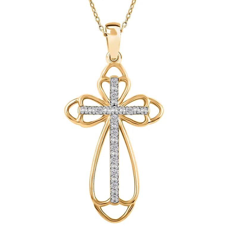 Diamond Cross Pendant Necklace, Vermeil YG Over Sterling Silver Pendant Necklace, Silver Cross Necklace, 18 Inch Pendant Necklace 0.10 ctw