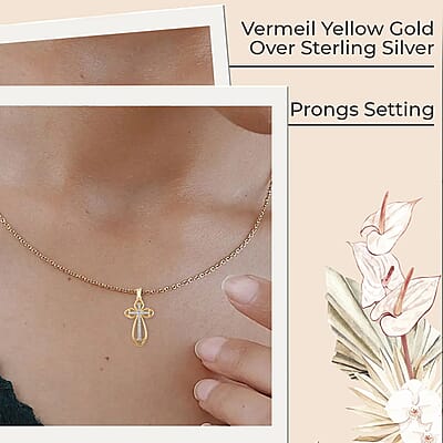 Diamond Cross Pendant Necklace, Vermeil YG Over Sterling Silver Pendant Necklace, Silver Cross Necklace, 18 Inch Pendant Necklace 0.10 ctw