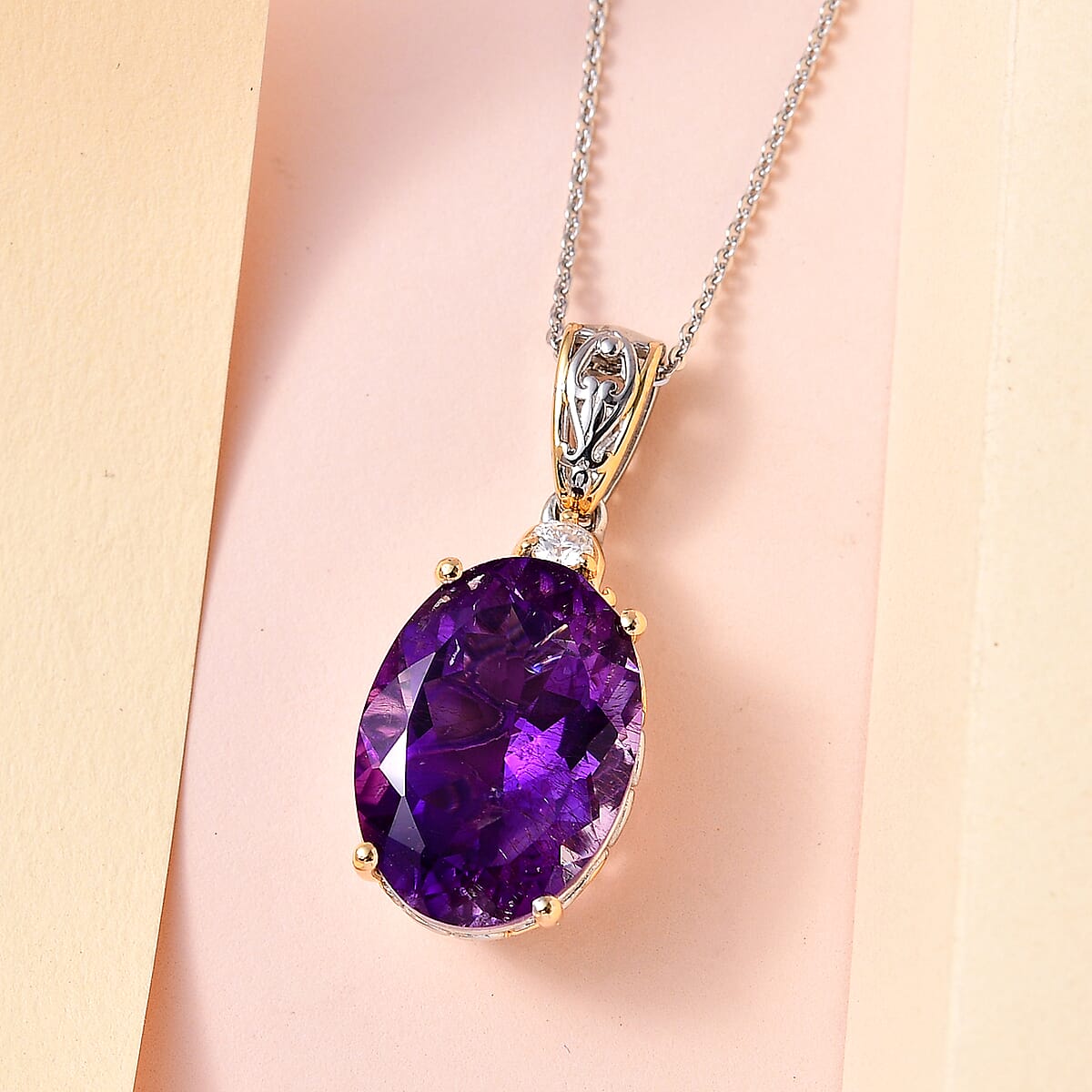 Premium Moroccan Amethyst and Moissanite Pendant Necklace 20 Inches in Vermeil Yellow Gold and Platinum Over Sterling Silver 9.15 ctw image number 1