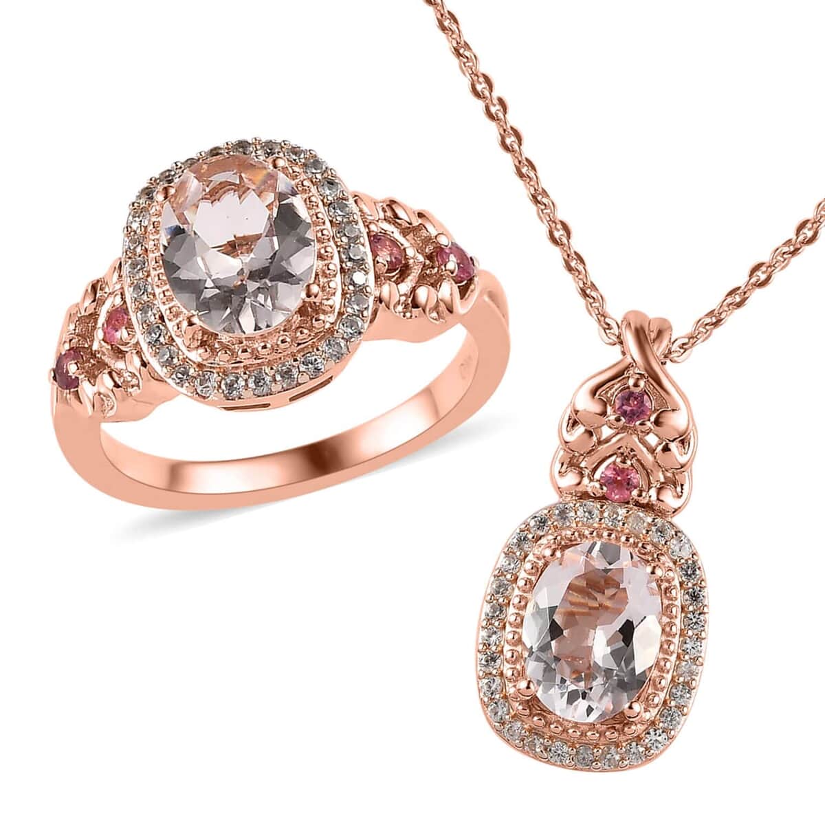 Pink Morganite and Multi Gemstone Ring and Pendant Necklace 20 Inches in Vermeil Rose Gold Over Sterling Silver 2.60 ctw image number 0
