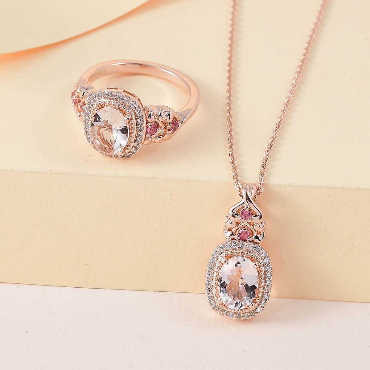 Pink Morganite and Multi Gemstone Ring and Pendant Necklace 20 Inches in Vermeil Rose Gold Over Sterling Silver 2.60 ctw image number 1