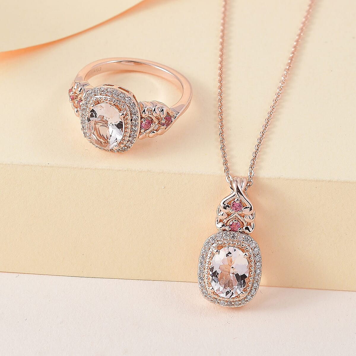 Pink Morganite and Multi Gemstone Ring (Size 8.0) and Pendant Necklace 20 Inches in Vermeil Rose Gold Over Sterling Silver 2.60 ctw image number 1