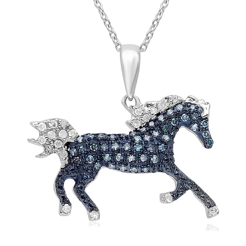 Venice Blue Diamond I1-I2 and Diamond Horse Pendant Necklace 18 Inches in Platinum Over Sterling Silver 0.33 ctw