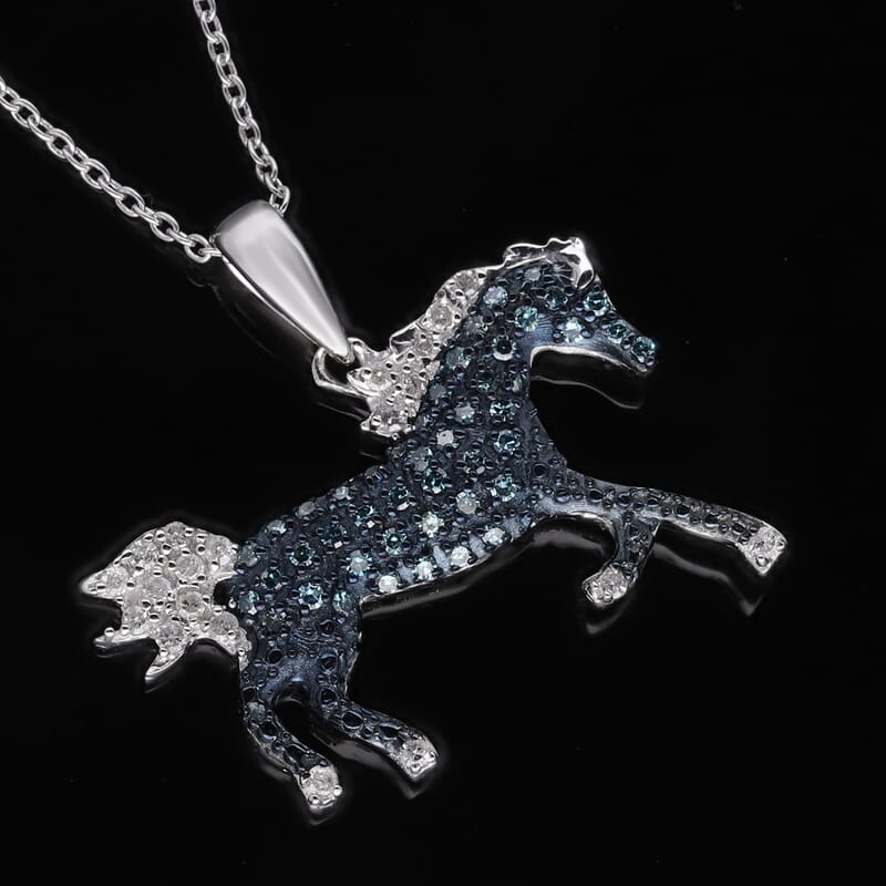 Venice Blue Diamond I1-I2 and Diamond Horse Pendant Necklace 18 Inches in Platinum Over Sterling Silver 0.33 ctw