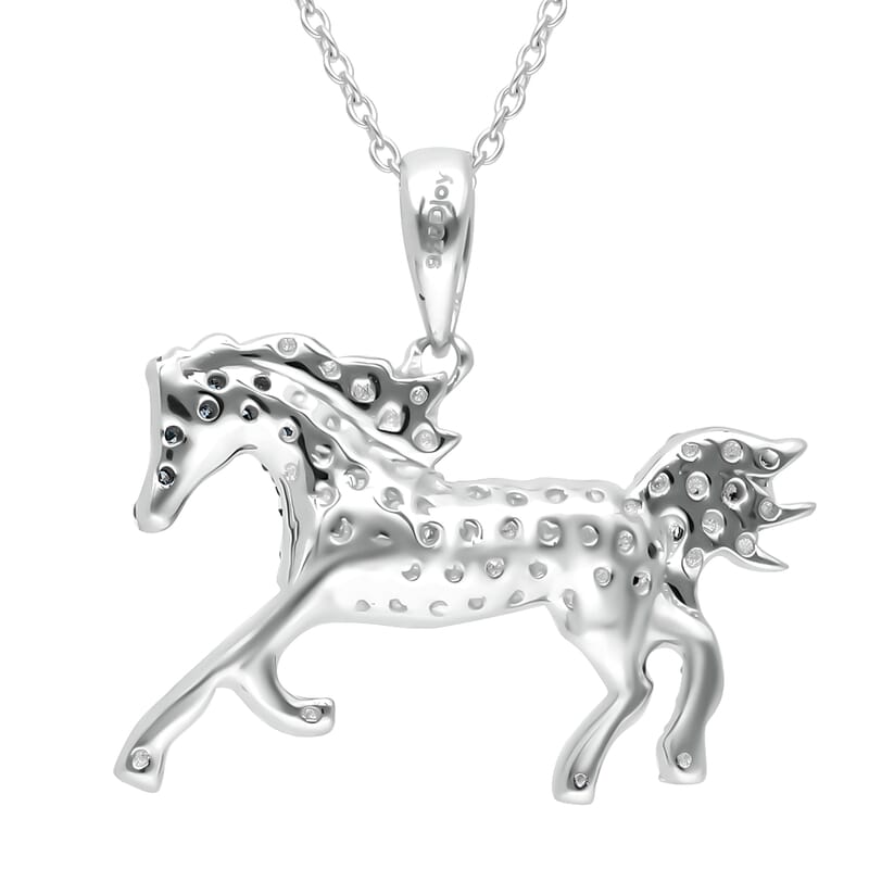 Venice Blue Diamond I1-I2 and Diamond Horse Pendant Necklace 18 Inches in Platinum Over Sterling Silver 0.33 ctw