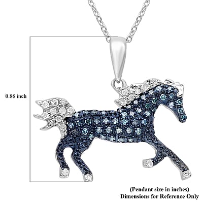 Venice Blue Diamond I1-I2 and Diamond Horse Pendant Necklace 18 Inches in Platinum Over Sterling Silver 0.33 ctw