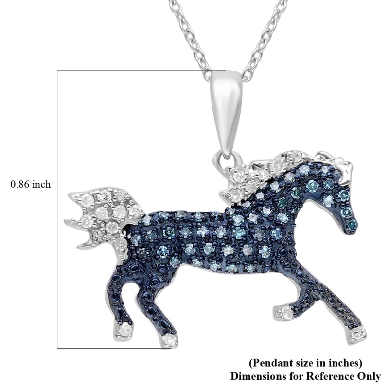Venice Blue Diamond I1-I2 and Diamond Horse Pendant Necklace 18 Inches in Platinum Over Sterling Silver 0.33 ctw