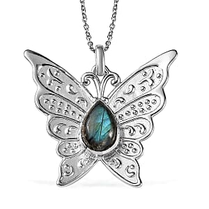 Malagasy Labradorite 6.25 ctw Butterfly Pendant Necklace in Platinum Over Copper with Magnet and Stainless Steel 20 Inches, Tarnish-Free, Waterproof, Sweat Proof Jewelry
