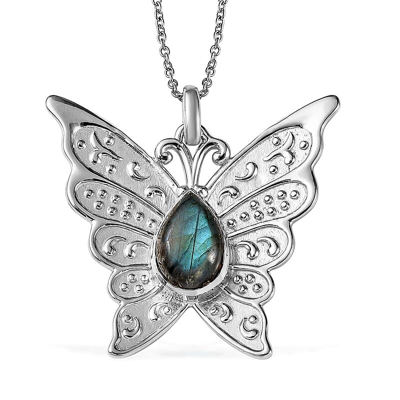 Malagasy Labradorite 6.25 ctw Butterfly Pendant Necklace in Platinum Over Copper with Magnet and Stainless Steel 20 Inches, Tarnish-Free, Waterproof, Sweat Proof Jewelry