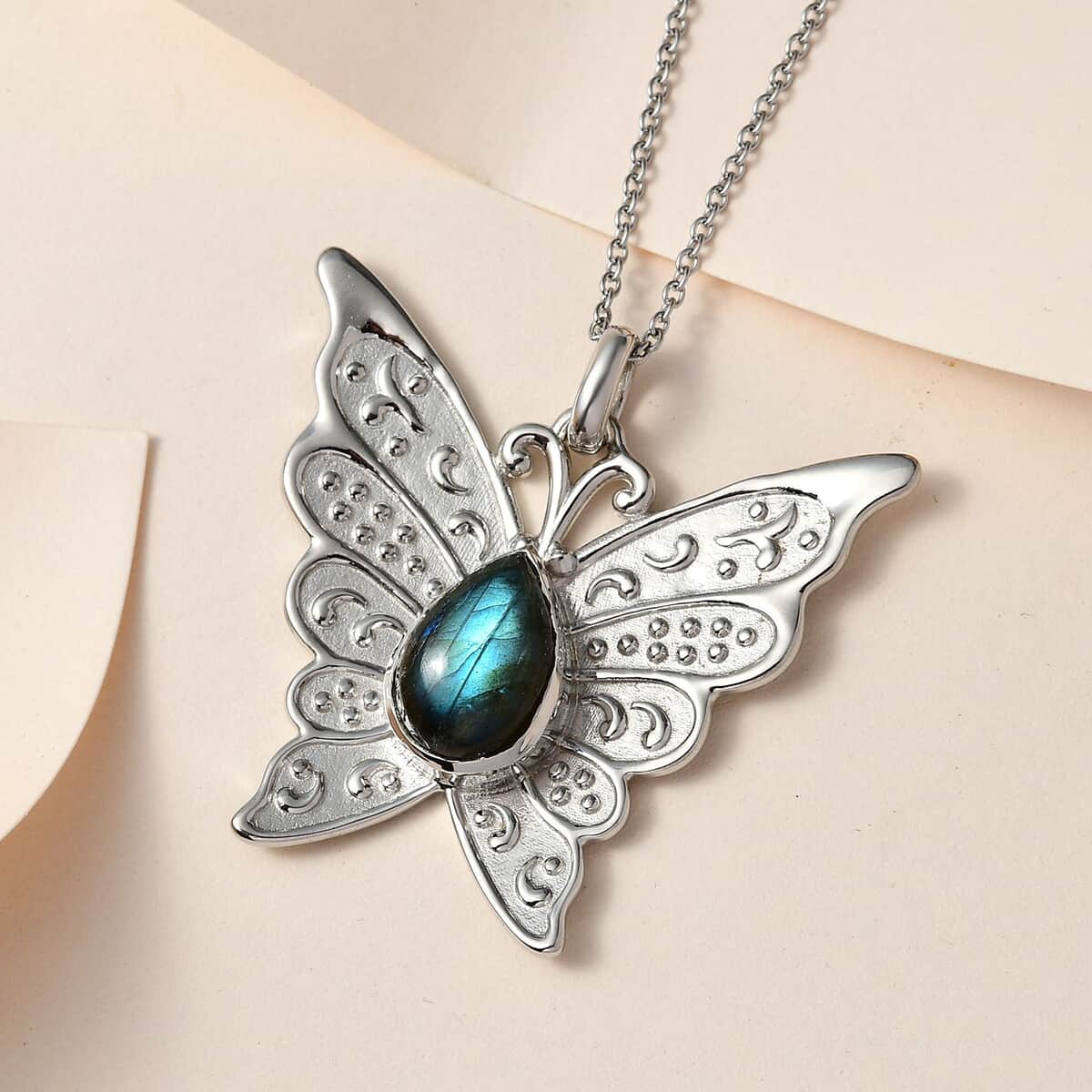 Malagasy Labradorite 6.25 ctw Butterfly Pendant Necklace in Platinum Over Copper with Magnet and Stainless Steel 20 Inches, Tarnish-Free, Waterproof, Sweat Proof Jewelry image number 1