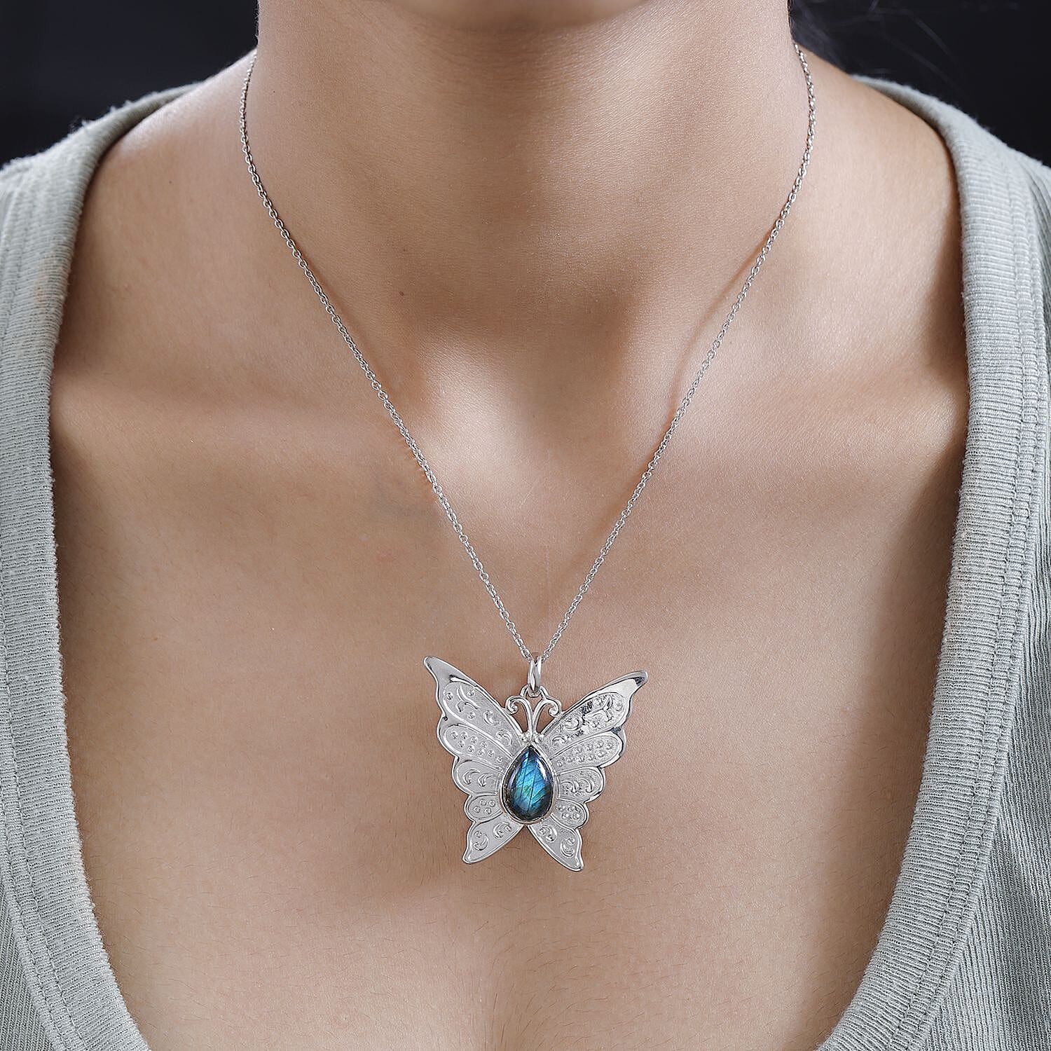 Malagasy Labradorite 6.25 ctw Butterfly Pendant Necklace in Platinum Over Copper with Magnet and Stainless Steel 20 Inches, Tarnish-Free, Waterproof, Sweat Proof Jewelry