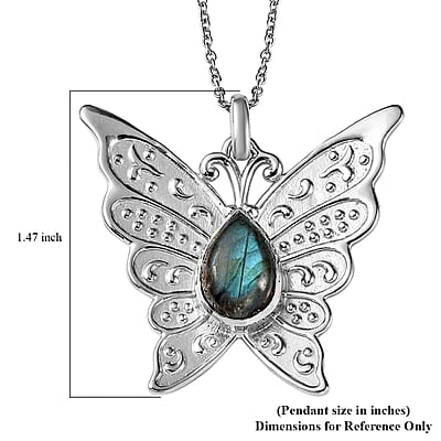 Malagasy Labradorite 6.25 ctw Butterfly Pendant Necklace in Platinum Over Copper with Magnet and Stainless Steel 20 Inches, Tarnish-Free, Waterproof, Sweat Proof Jewelry
