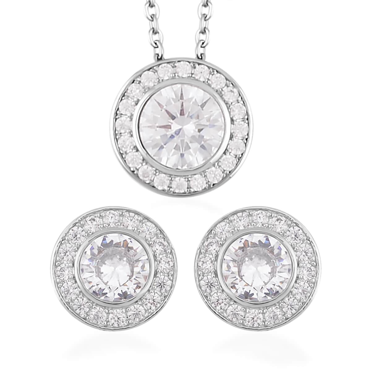 Simulated White Diamond Halo Pendant Necklace 20 Inches and Stud Earrings in Silvertone 6.90 ctw image number 0