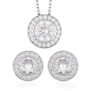 Simulated White Diamond Halo Pendant Necklace 20 Inches and Stud Earrings in Silvertone 6.90 ctw