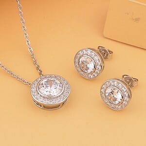Simulated White Diamond Halo Pendant Necklace 20 Inches and Stud Earrings in Silvertone 6.90 ctw
