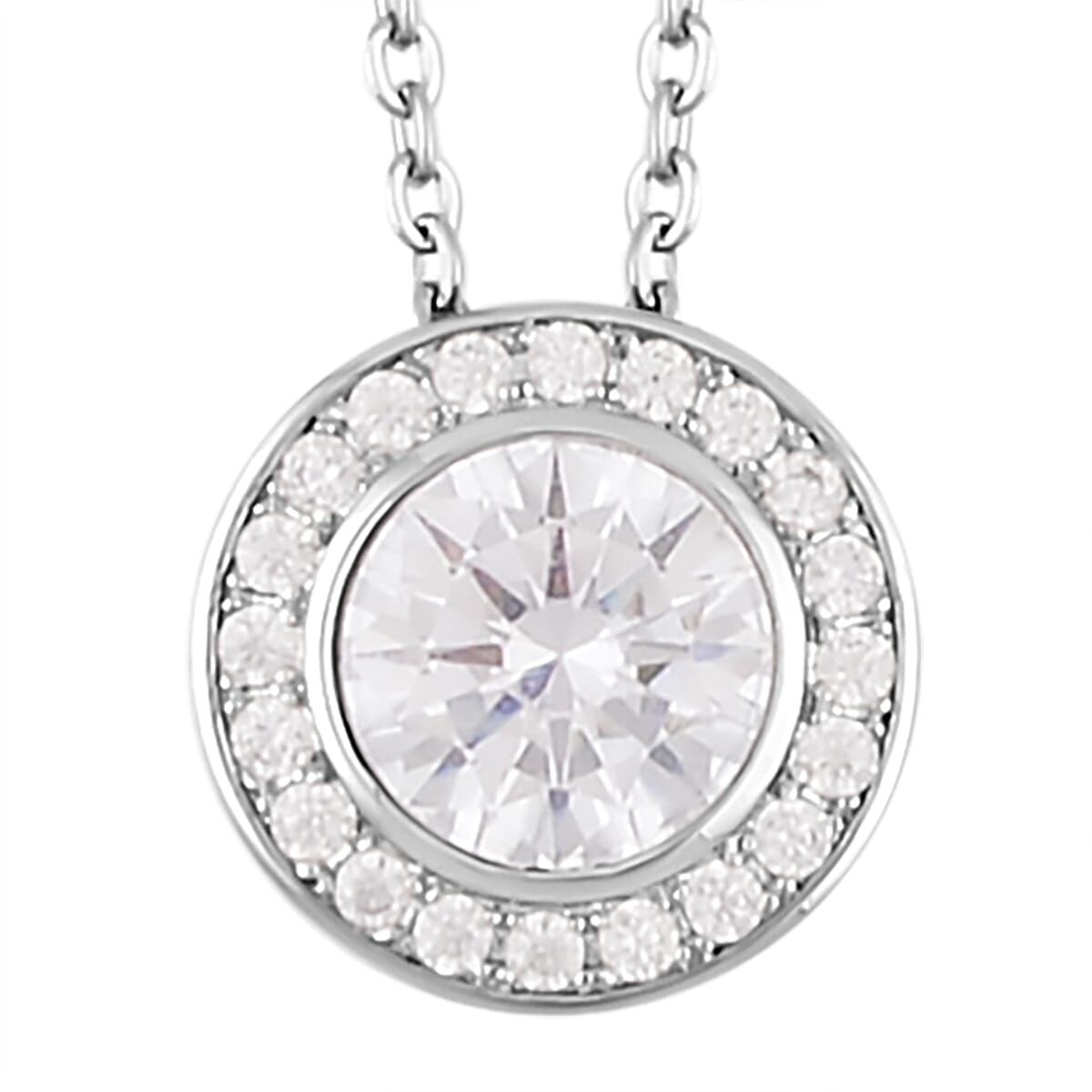Simulated White Diamond Halo Pendant Necklace 20 Inches and Stud Earrings in Silvertone 6.90 ctw