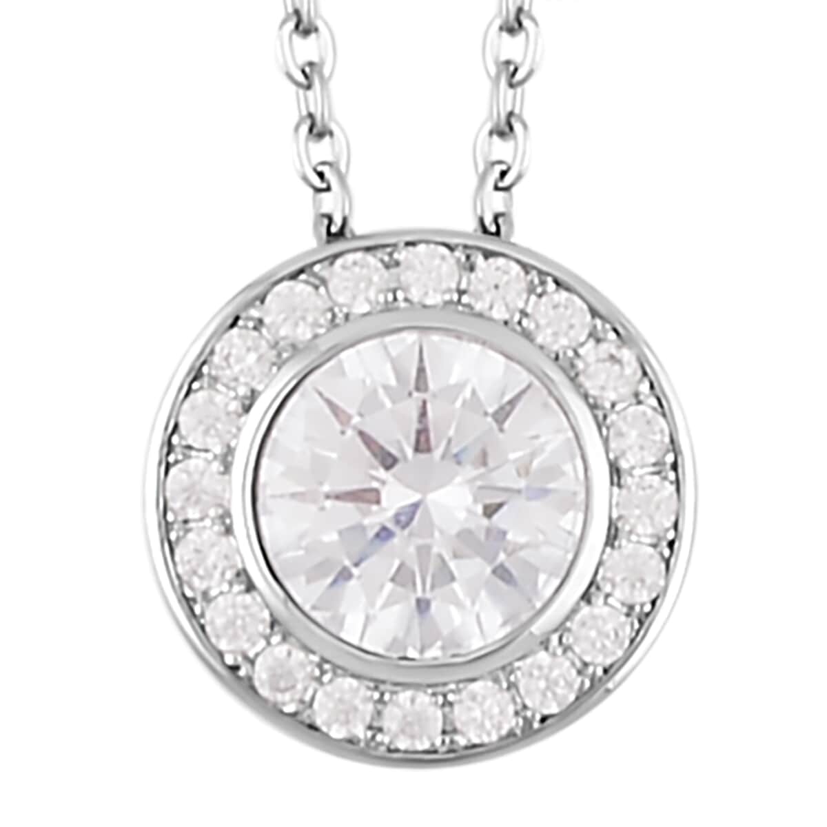 Simulated White Diamond Halo Pendant Necklace 20 Inches and Stud Earrings in Silvertone 6.90 ctw image number 2
