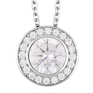 Simulated White Diamond Halo Pendant Necklace 20 Inches and Stud Earrings in Silvertone 6.90 ctw