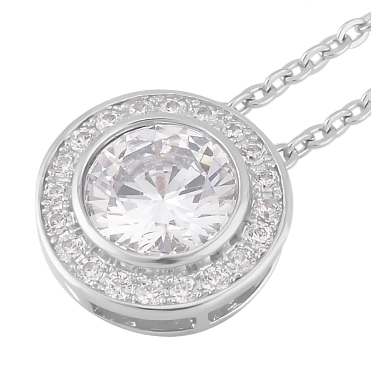 Simulated White Diamond Halo Pendant Necklace 20 Inches and Stud Earrings in Silvertone 6.90 ctw image number 3