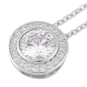 Simulated White Diamond Halo Pendant Necklace 20 Inches and Stud Earrings in Silvertone 6.90 ctw