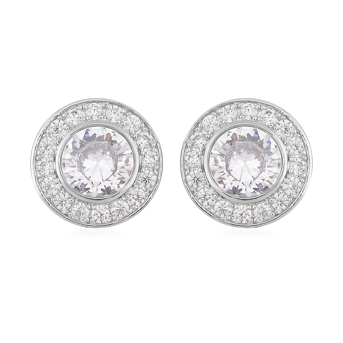 Simulated White Diamond Halo Pendant Necklace 20 Inches and Stud Earrings in Silvertone 6.90 ctw