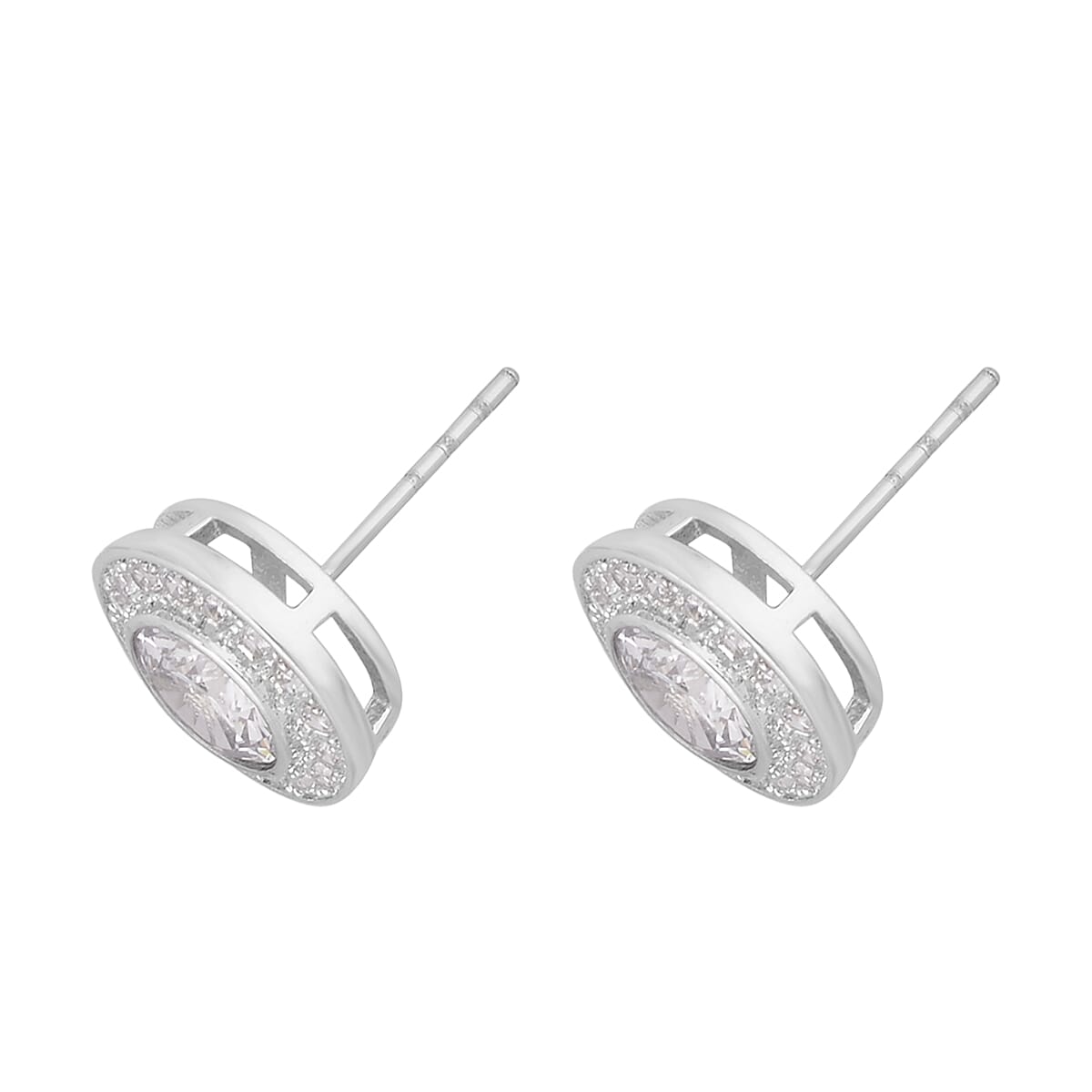 Simulated White Diamond Halo Pendant Necklace 20 Inches and Stud Earrings in Silvertone 6.90 ctw