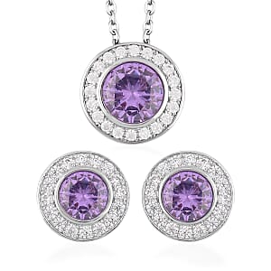 Simulated Purple Diamond, Simulated Diamond Halo Pendant Necklace 20 Inches and Stud Earrings in Silvertone 7.10 ctw