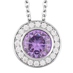 Simulated Purple Diamond, Simulated Diamond Halo Pendant Necklace 20 Inches and Stud Earrings in Silvertone 7.10 ctw