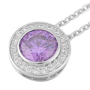 Simulated Purple Diamond, Simulated Diamond Halo Pendant Necklace 20 Inches and Stud Earrings in Silvertone 7.10 ctw