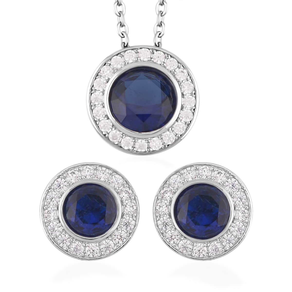 Simulated Blue Sapphire, Simulated White Diamond Halo Pendant Necklace 20 Inches and Stud Earrings in Silvertone 7.10 ctw image number 0