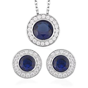 Simulated Blue Sapphire, Simulated White Diamond Halo Pendant Necklace 20 Inches and Stud Earrings in Silvertone 7.10 ctw