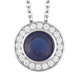 Simulated Blue Sapphire, Simulated White Diamond Halo Pendant Necklace 20 Inches and Stud Earrings in Silvertone 7.10 ctw