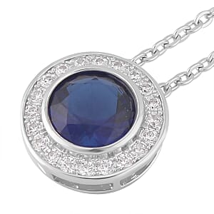 Simulated Blue Sapphire, Simulated White Diamond Halo Pendant Necklace 20 Inches and Stud Earrings in Silvertone 7.10 ctw