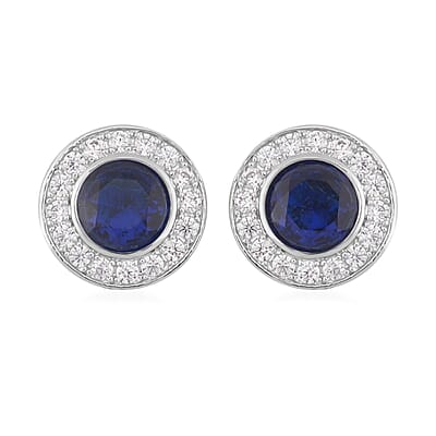 Simulated Blue Sapphire, Simulated White Diamond Halo Pendant Necklace 20 Inches and Stud Earrings in Silvertone 7.10 ctw