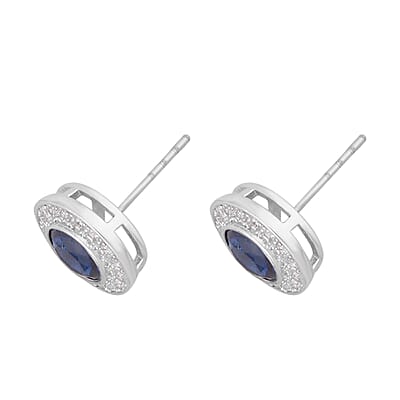 Simulated Blue Sapphire, Simulated White Diamond Halo Pendant Necklace 20 Inches and Stud Earrings in Silvertone 7.10 ctw