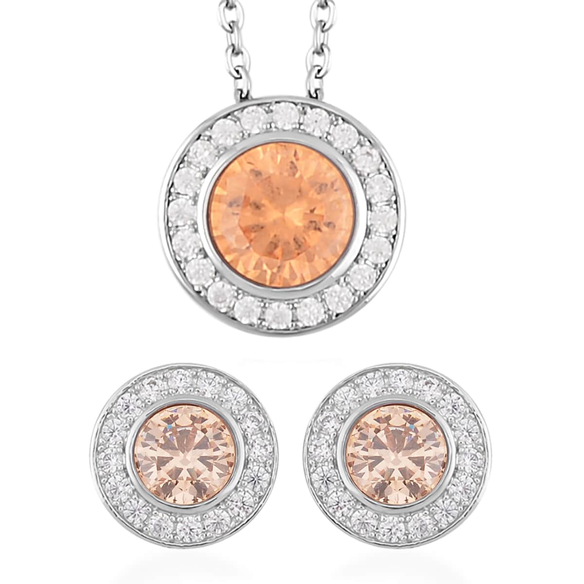 Simulated Champagne Color and White Diamond Halo Pendant Necklace 20 Inches and Stud Earrings in Silvertone 6.75 ctw image number 0