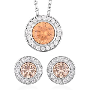 Simulated Champagne Color and White Diamond Halo Pendant Necklace 20 Inches and Stud Earrings in Silvertone 6.75 ctw