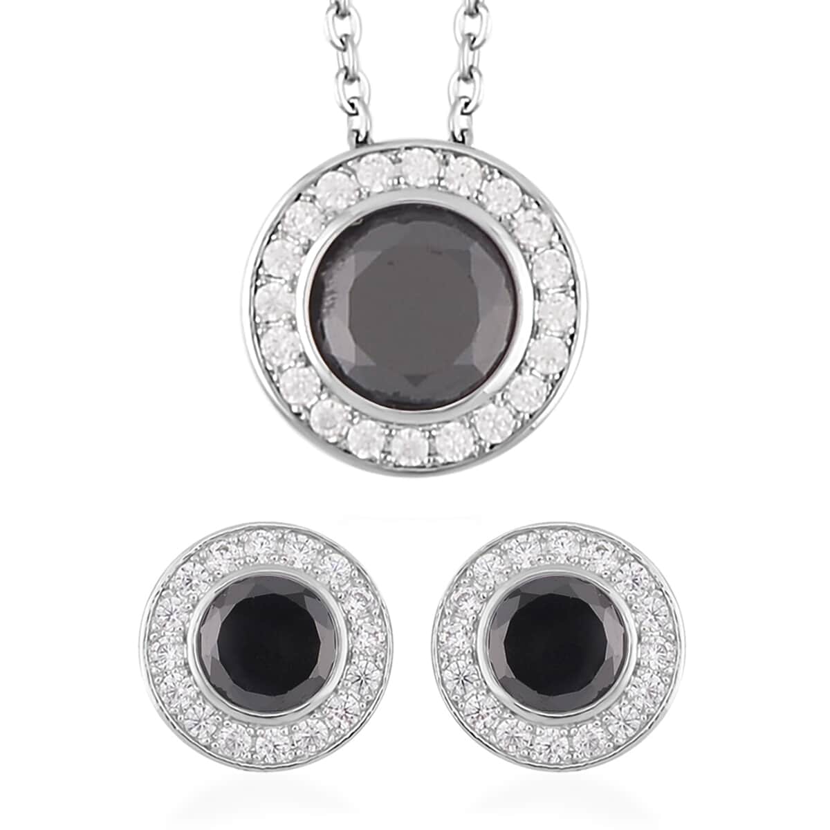 Simulated Black and White Diamond Halo Pendant Necklace 20 Inches and Stud Earrings in Silvertone 7.25 ctw image number 0