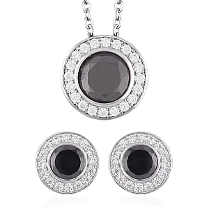 Simulated Black and White Diamond Halo Pendant Necklace 20 Inches and Stud Earrings in Silvertone 7.25 ctw