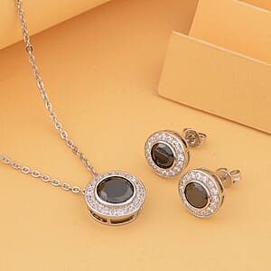 Simulated Black and White Diamond Halo Pendant Necklace 20 Inches and Stud Earrings in Silvertone 7.25 ctw
