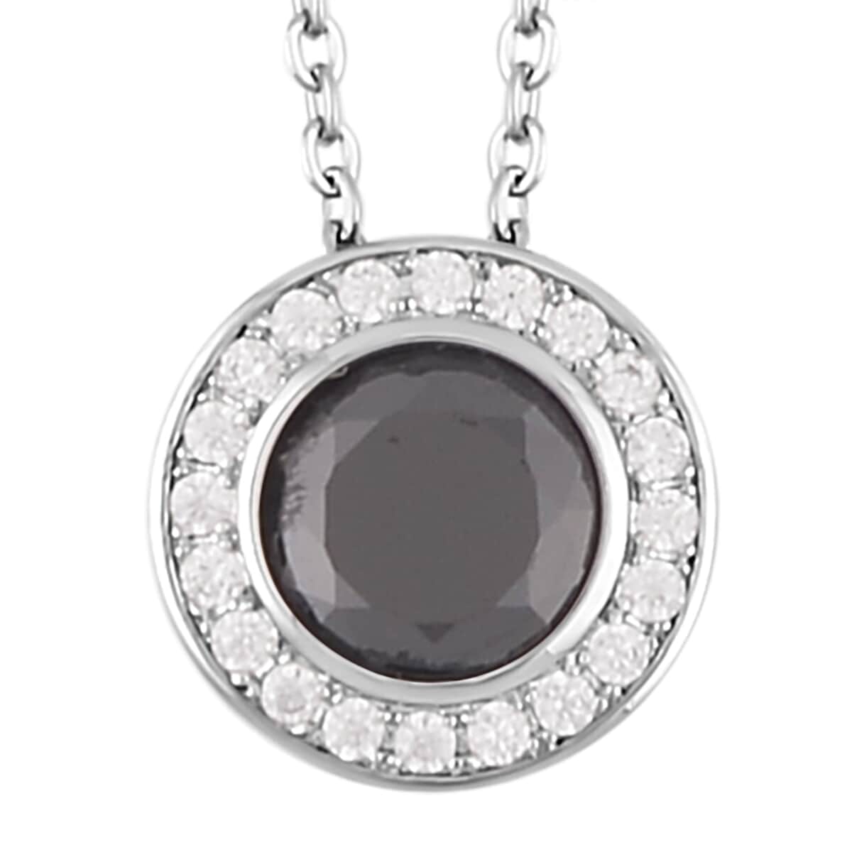 Simulated Black and White Diamond Halo Pendant Necklace 20 Inches and Stud Earrings in Silvertone 7.25 ctw image number 2
