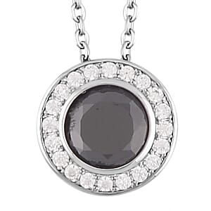 Simulated Black and White Diamond Halo Pendant Necklace 20 Inches and Stud Earrings in Silvertone 7.25 ctw