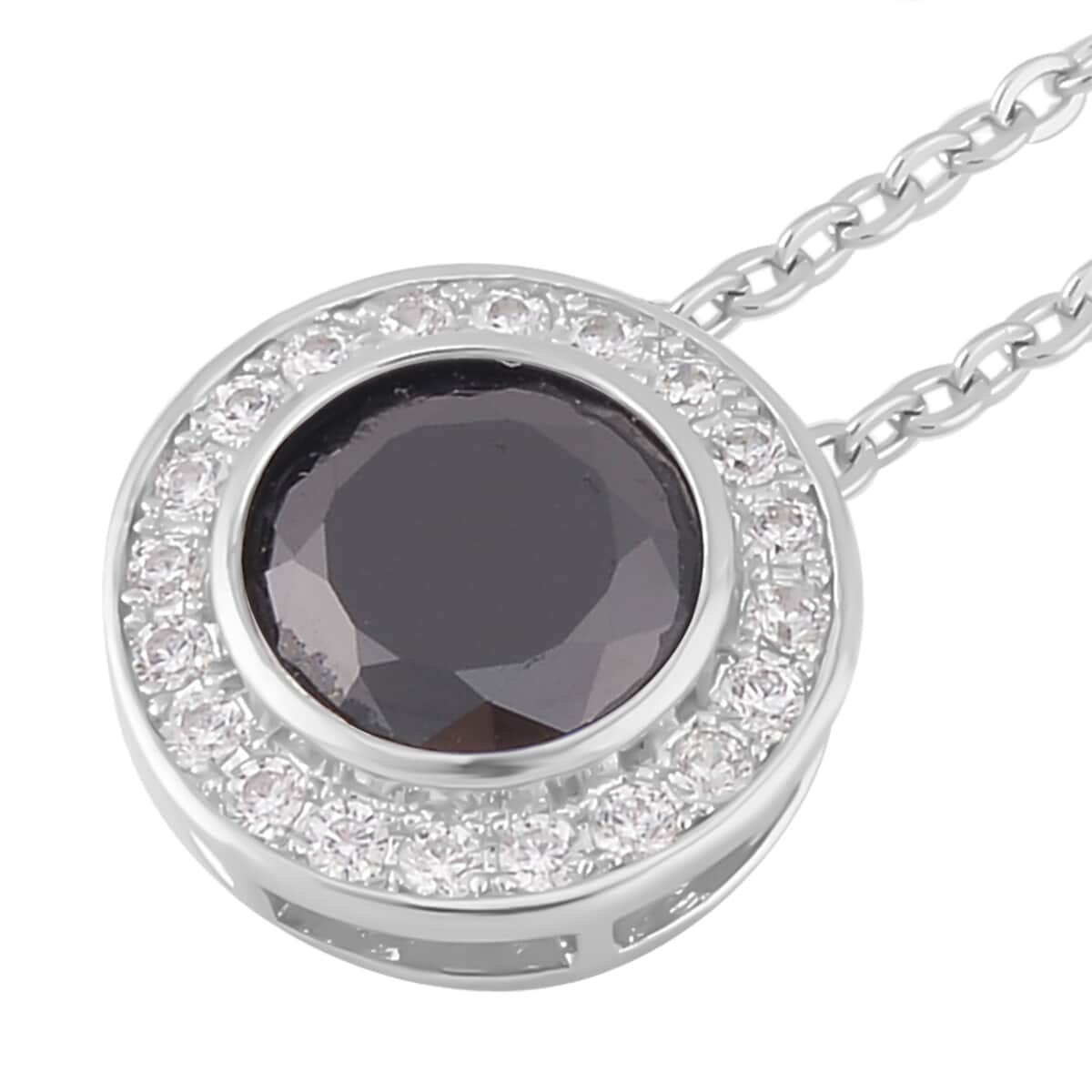 Simulated Black and White Diamond Halo Pendant Necklace 20 Inches and Stud Earrings in Silvertone 7.25 ctw image number 3