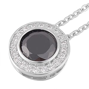 Simulated Black and White Diamond Halo Pendant Necklace 20 Inches and Stud Earrings in Silvertone 7.25 ctw