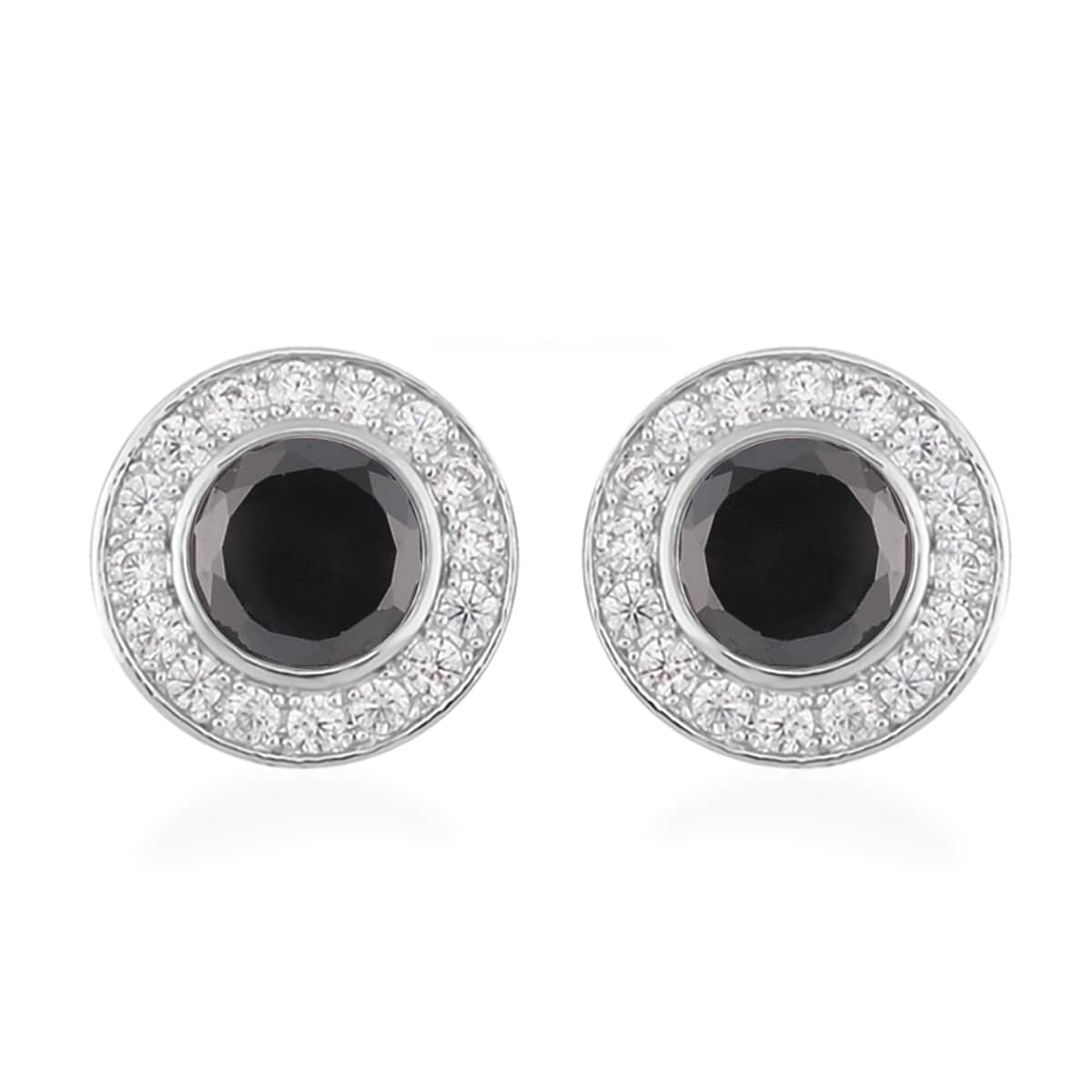 Simulated Black and White Diamond Halo Pendant Necklace 20 Inches and Stud Earrings in Silvertone 7.25 ctw image number 5