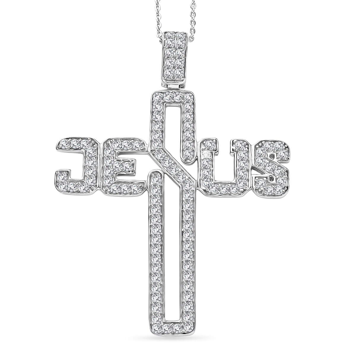 Doorbuster D'Joy Moissanite 1.50 ctw Jesus Cross Pendant Necklace in Rhodium Over Sterling Silver 20 Inches image number 0