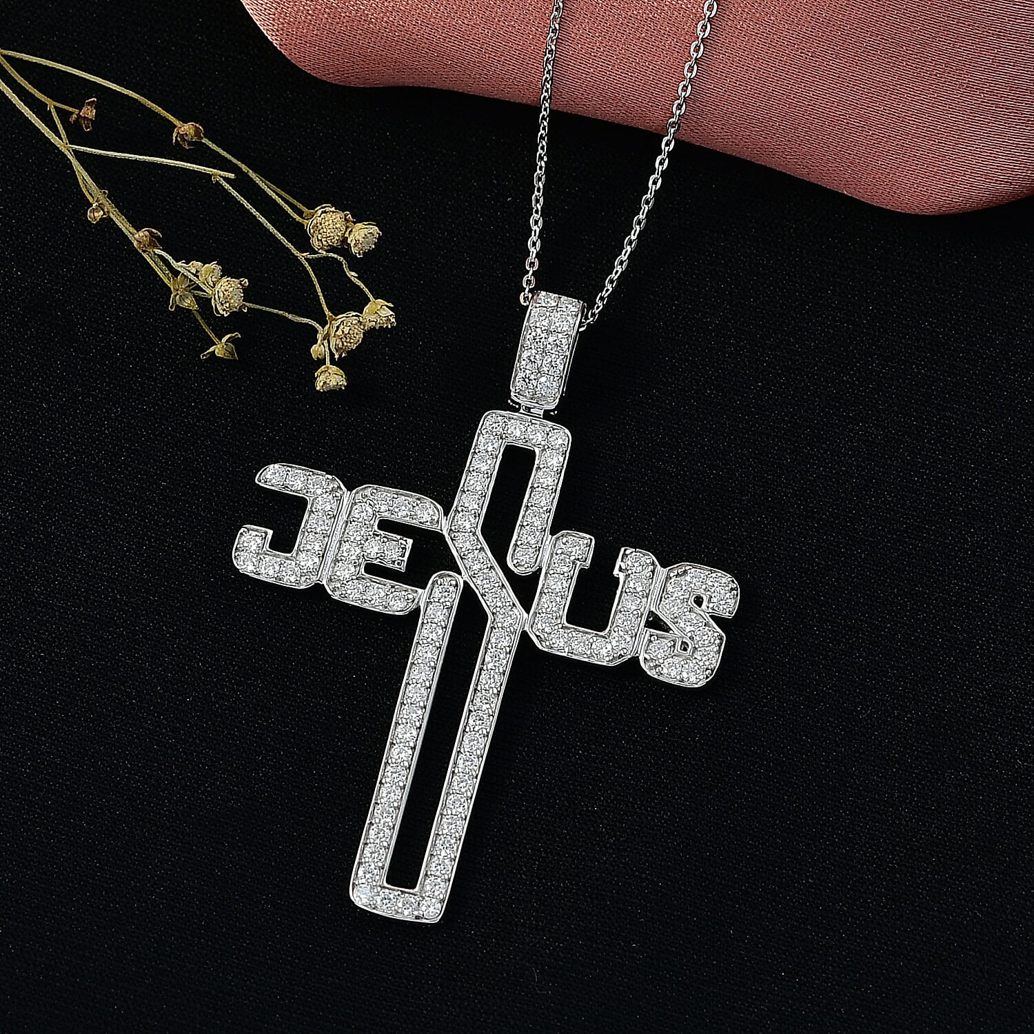  D'Joy Moissanite 1.50 ctw Jesus Cross Pendant Necklace in Rhodium Over Sterling Silver 20 Inches