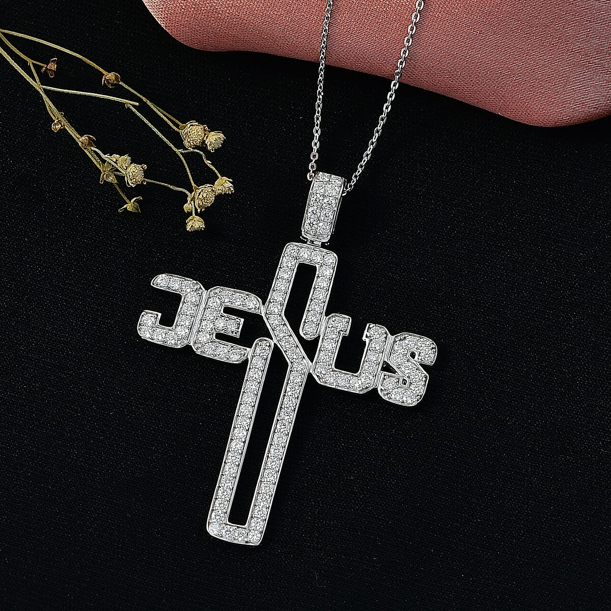 Doorbuster D'Joy Moissanite 1.50 ctw Jesus Cross Pendant Necklace in Rhodium Over Sterling Silver 20 Inches image number 1