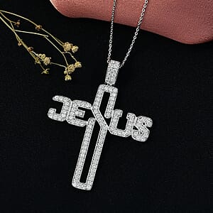 Doorbuster D'Joy Moissanite 1.50 ctw Jesus Cross Pendant Necklace in Rhodium Over Sterling Silver 20 Inches