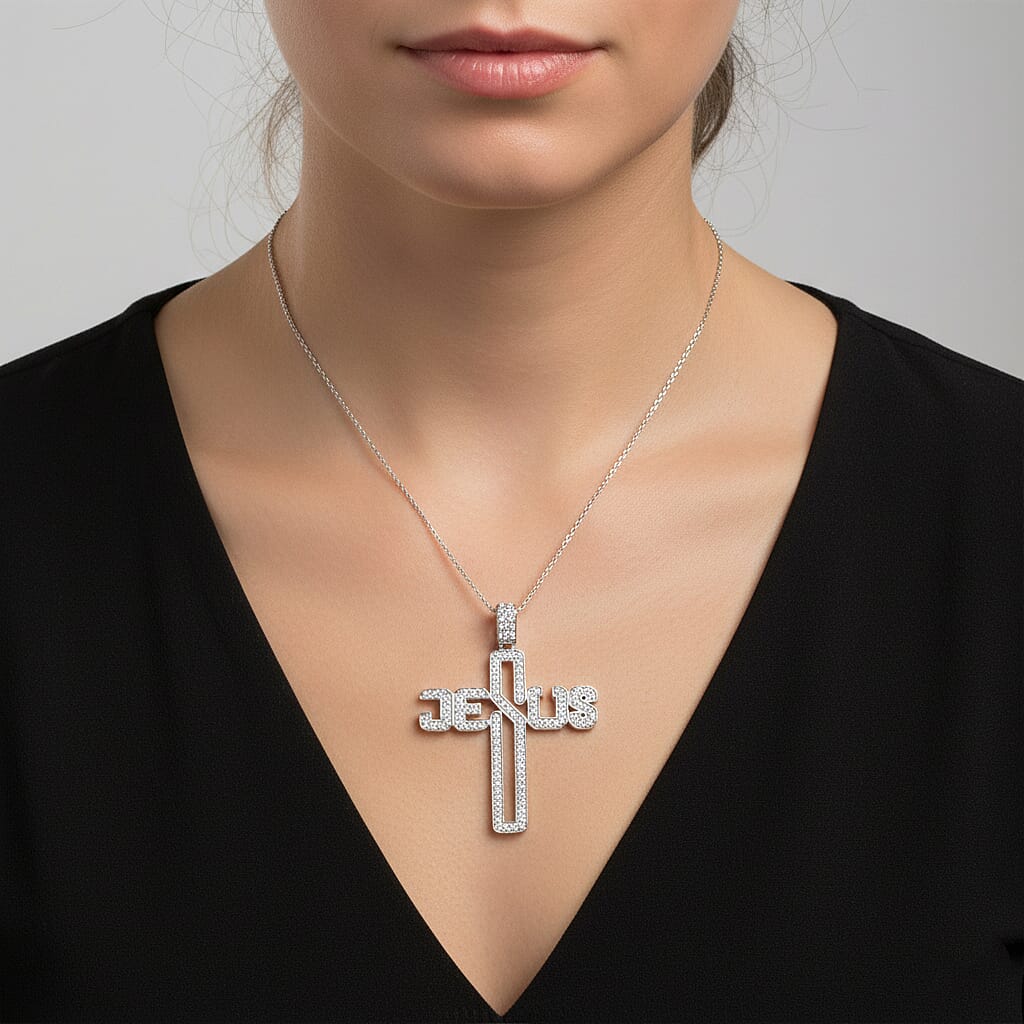  D'Joy Moissanite 1.50 ctw Jesus Cross Pendant Necklace in Rhodium Over Sterling Silver 20 Inches